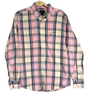 American Eagle Mens Small Button Down Shirt Blue Pink Plaid Classic Fit Preppy